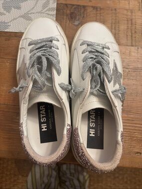 Golden Goose Hi Star White Sneakers with Silver Laces and Pink Glitter Heel